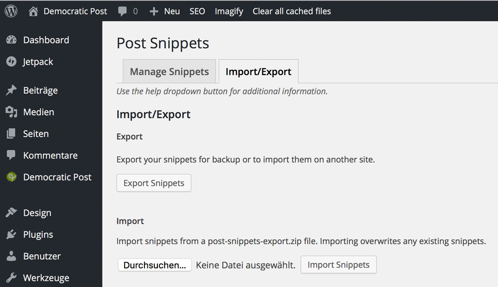 Export- und Importfunktion von Post Snippets