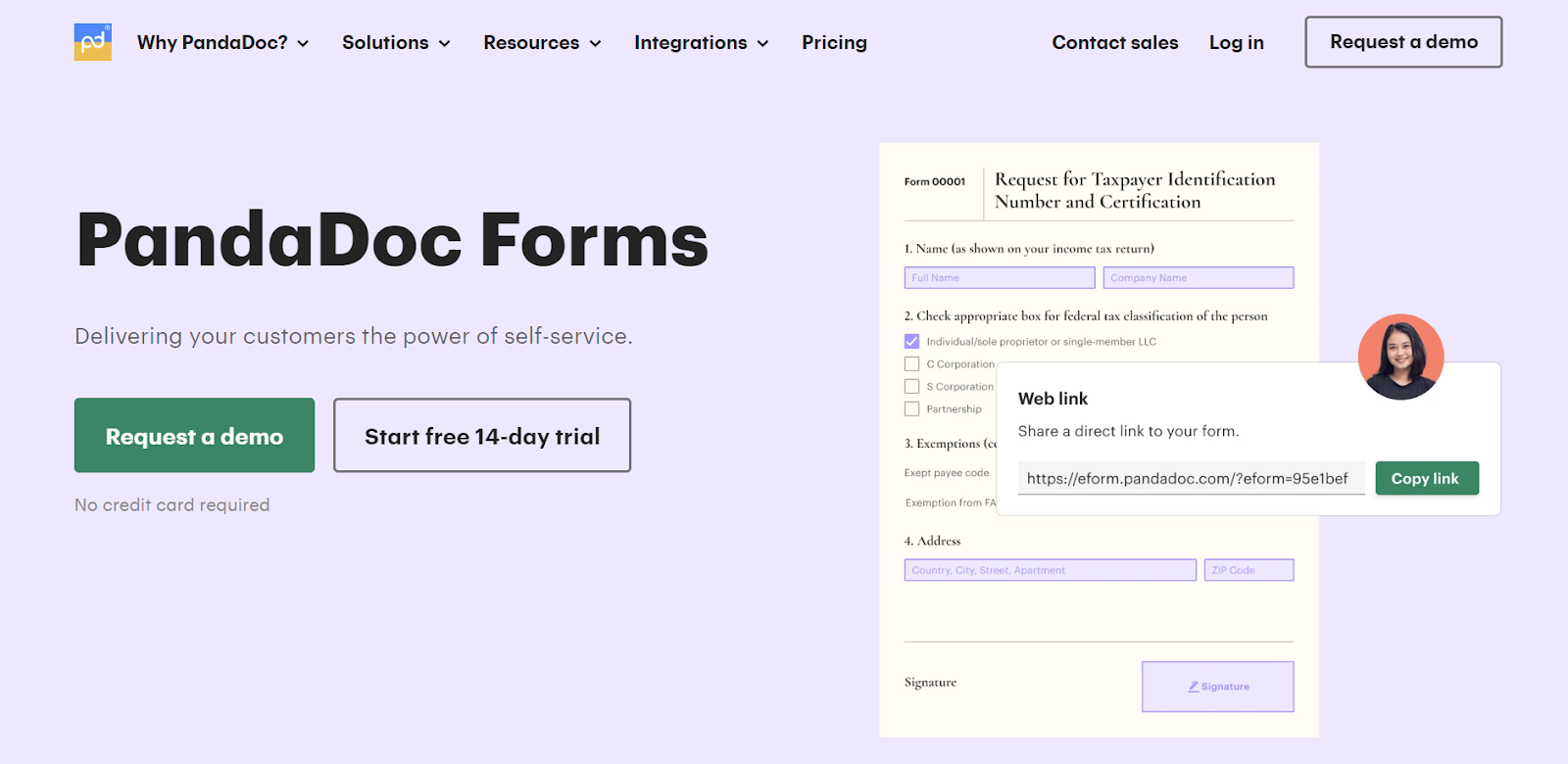 Screenshot of PandaDoc form page, showing a form titled “Request for Taxpayer Identification Number and Certification” with a number of fields and a pop-up with a direct link to the form