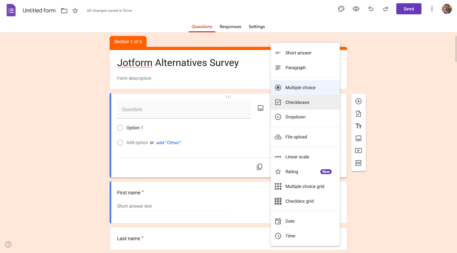 Google Forms User Interface