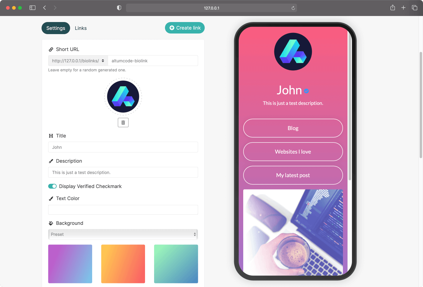 user interface of taplink