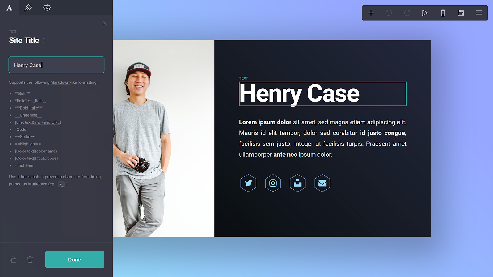 Interface de utilizador do Carrd