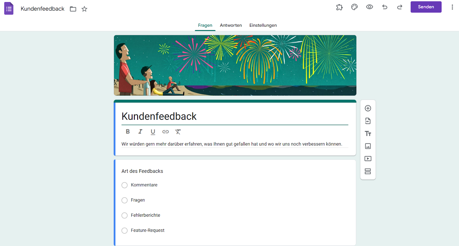 Benutzeroberfläche von Google Formulare