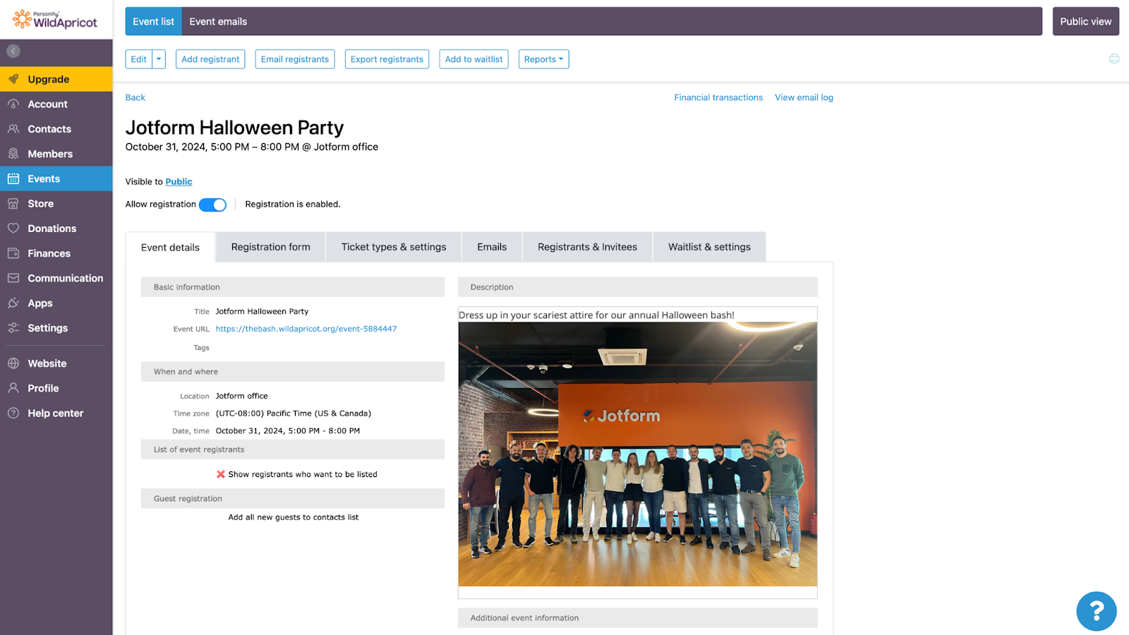 WildApricot kullanıcı arayüzü