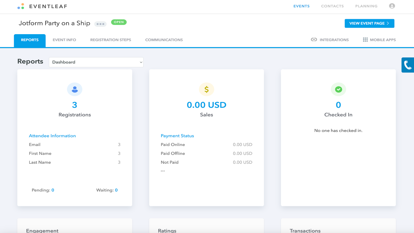 Eventleaf kullanıcı arayüzü