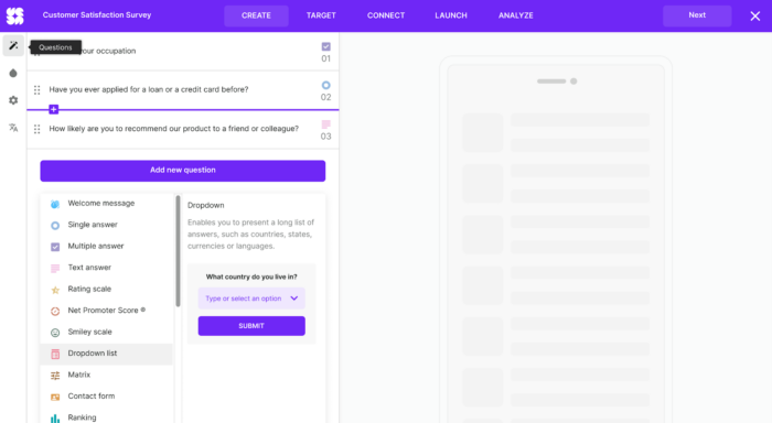 User Interface of Survicate