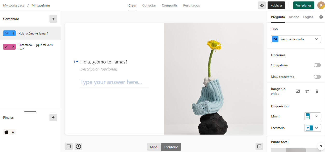 Interface utilisateur de Typeform