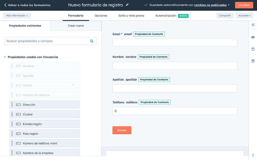 Interface utilisateur de HubSpot Forms