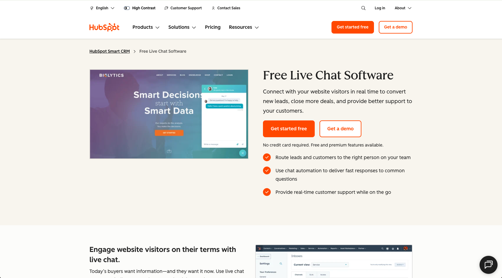 Landing page of HubSpot Live Chat