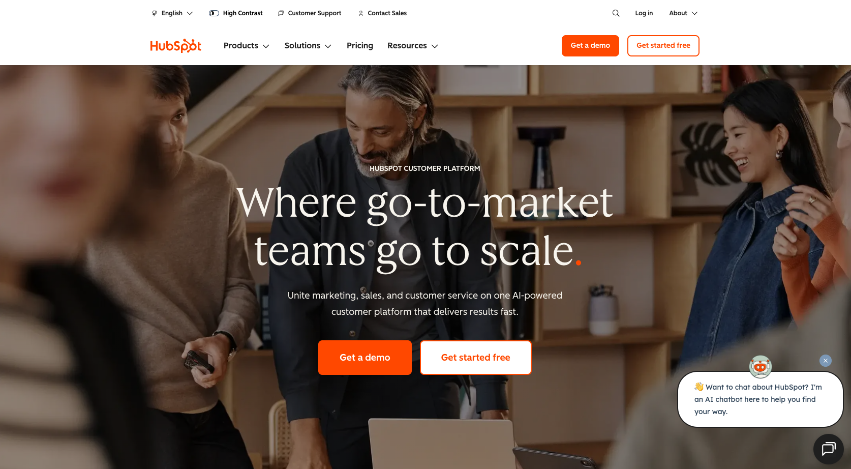 HubSpot website landing page showing the headline