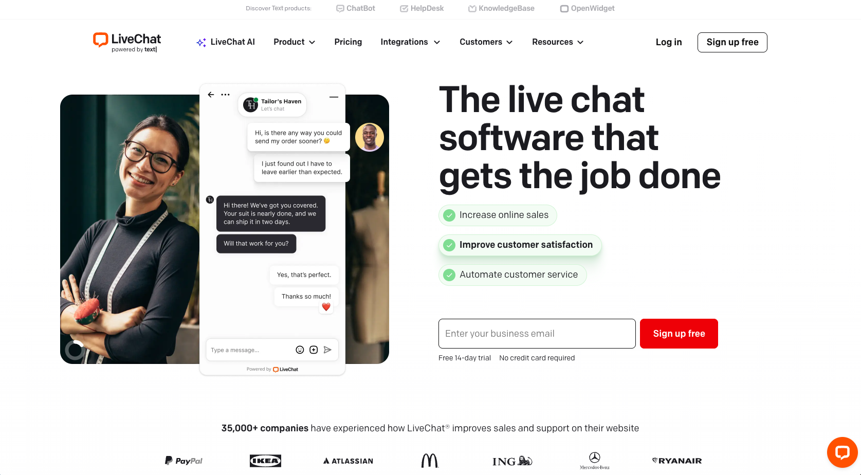 Landing page of LiveChat