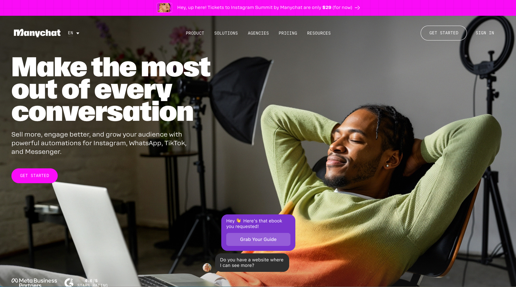 Landing page of ManyChat