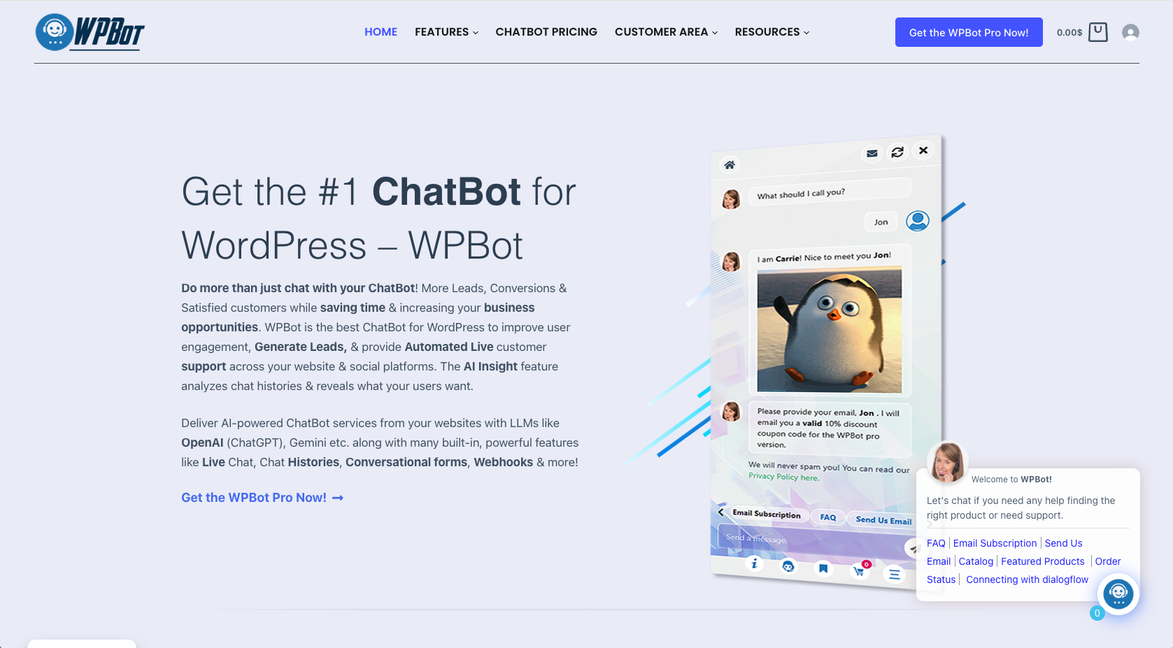 Landing page of WPBot