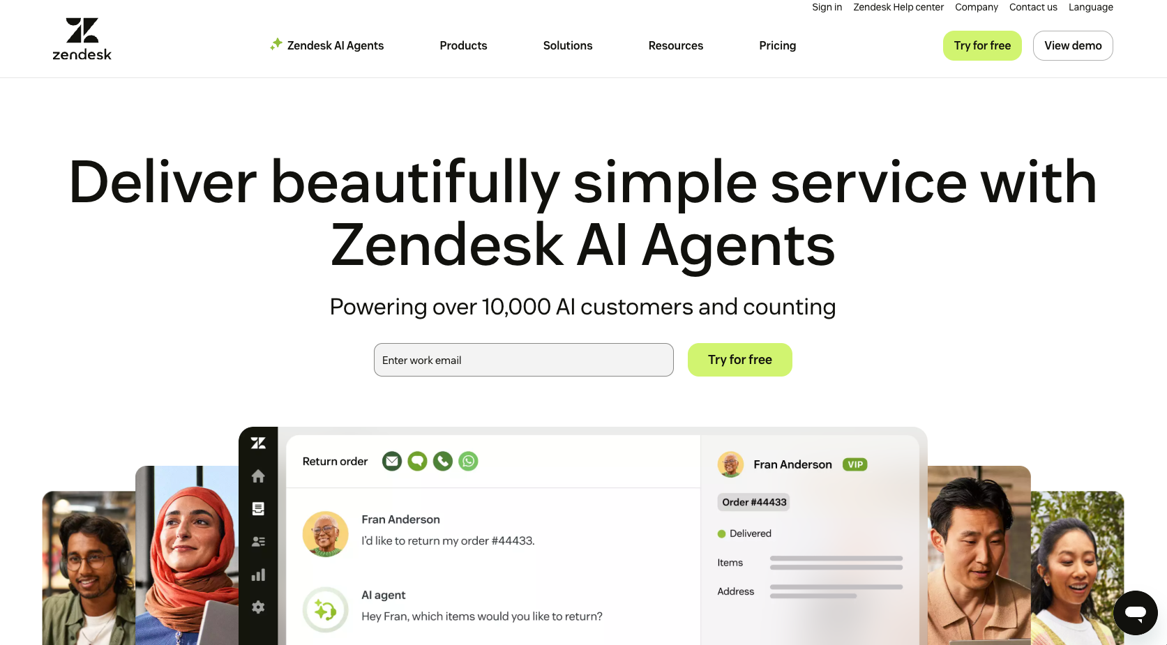 Zendesk website landing page showing the headline