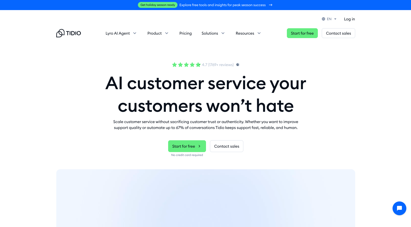 Screenshot of the Tidio website landing page showing the headline – featured in the Noupe