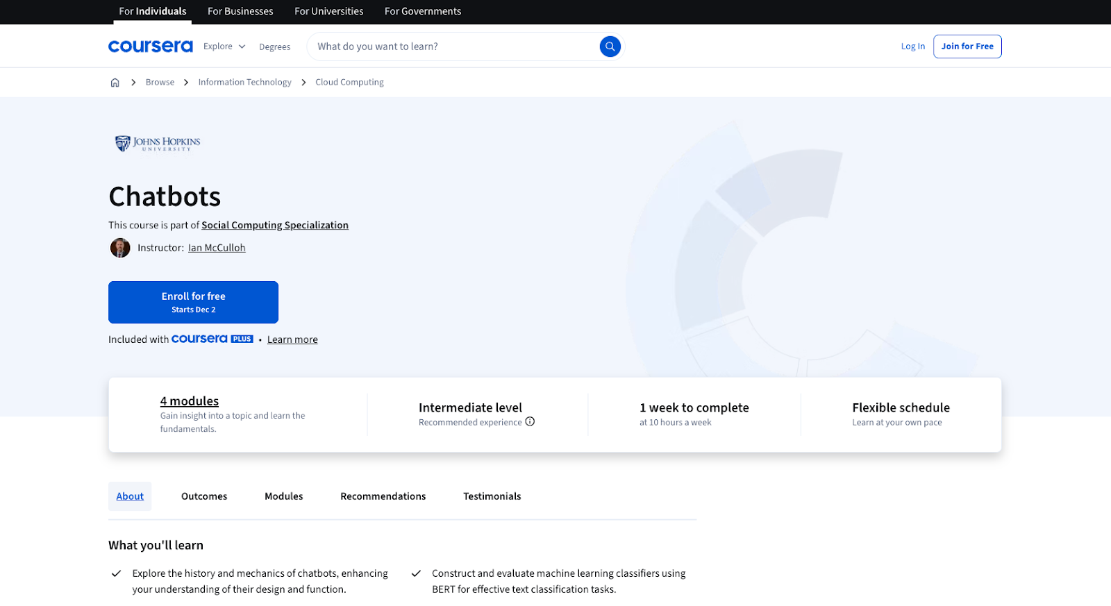Chatbots – Johns Hopkins University (Coursera) course page