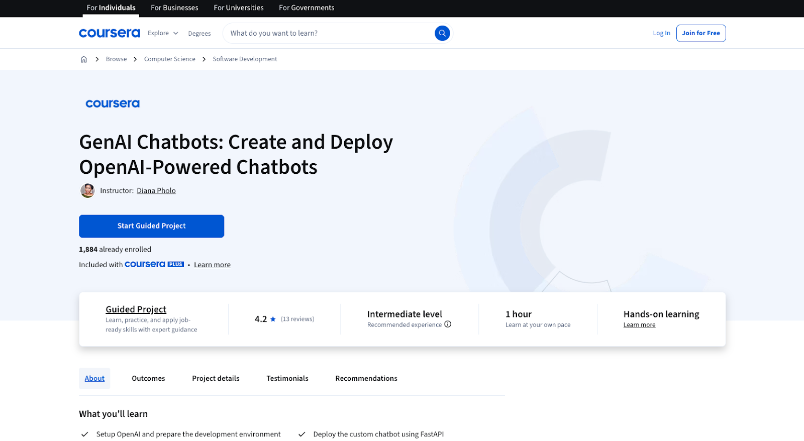 GenAI Chatbots: Create and Deploy OpenAI-Powered Chatbots (Coursera Project) course page