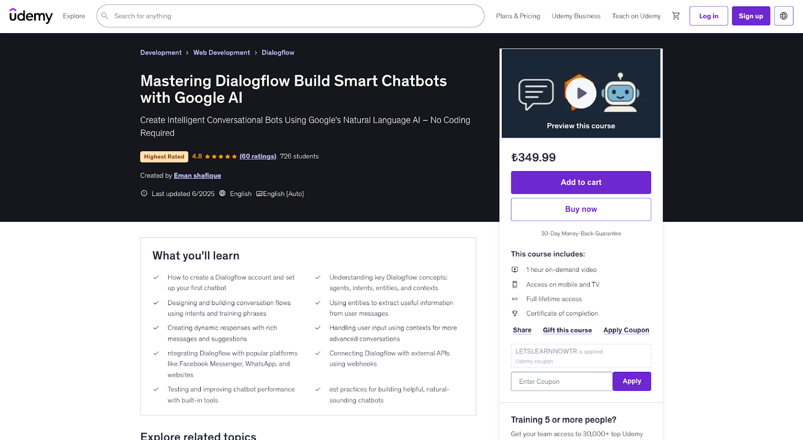 Mastering Dialogflow: Build Smart Chatbots With Google AI (Udemy) course page