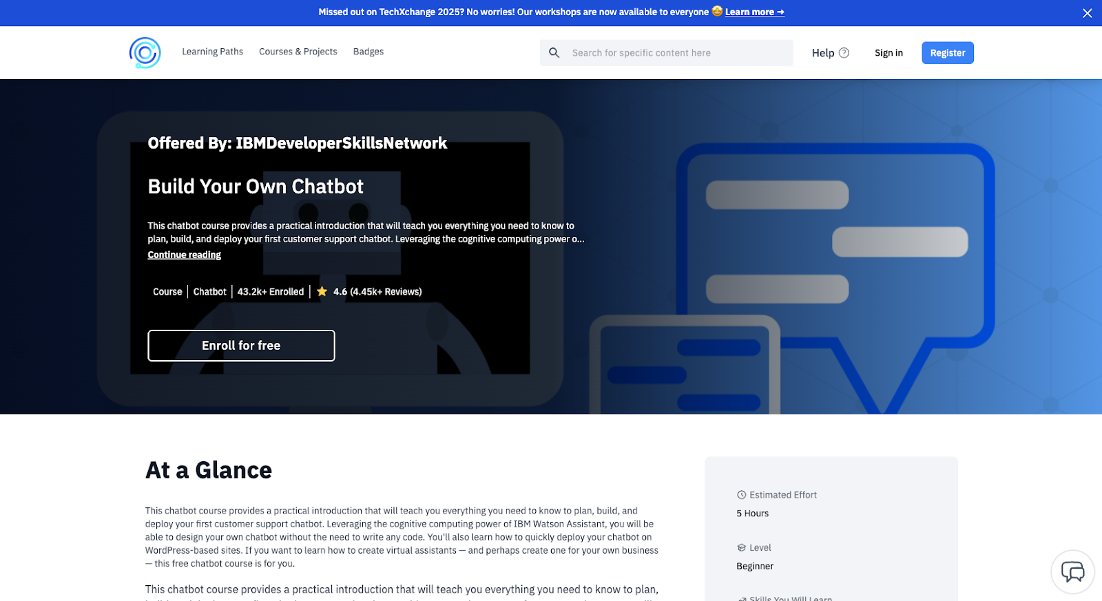 Build Your Own Chatbot (CognitiveClass / IBM) course page