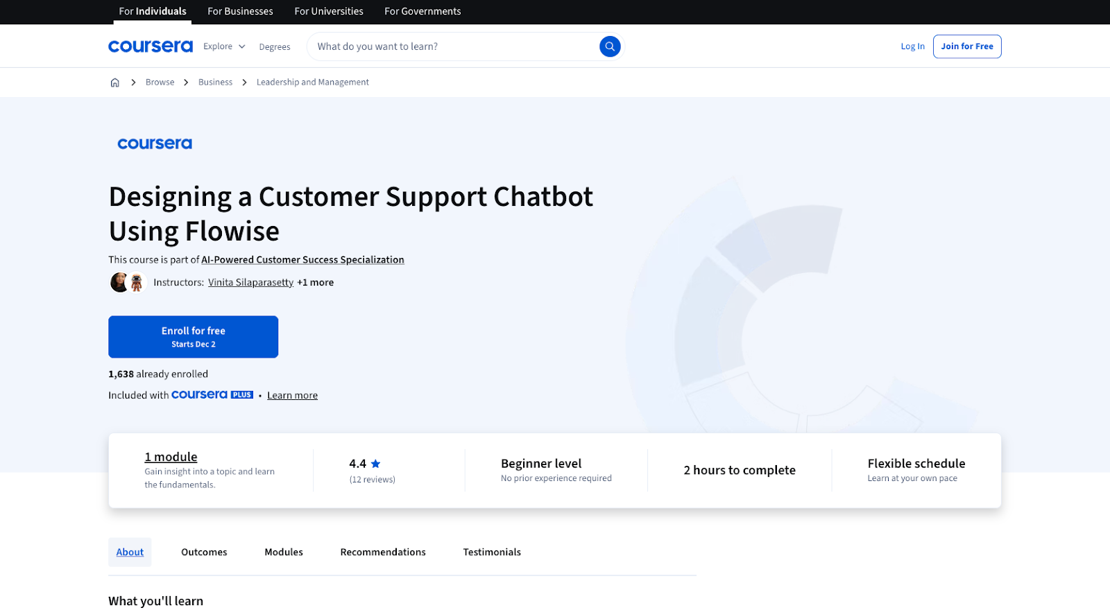 Designing a Customer Support Chatbot Using Flowise (Coursera Project) course page