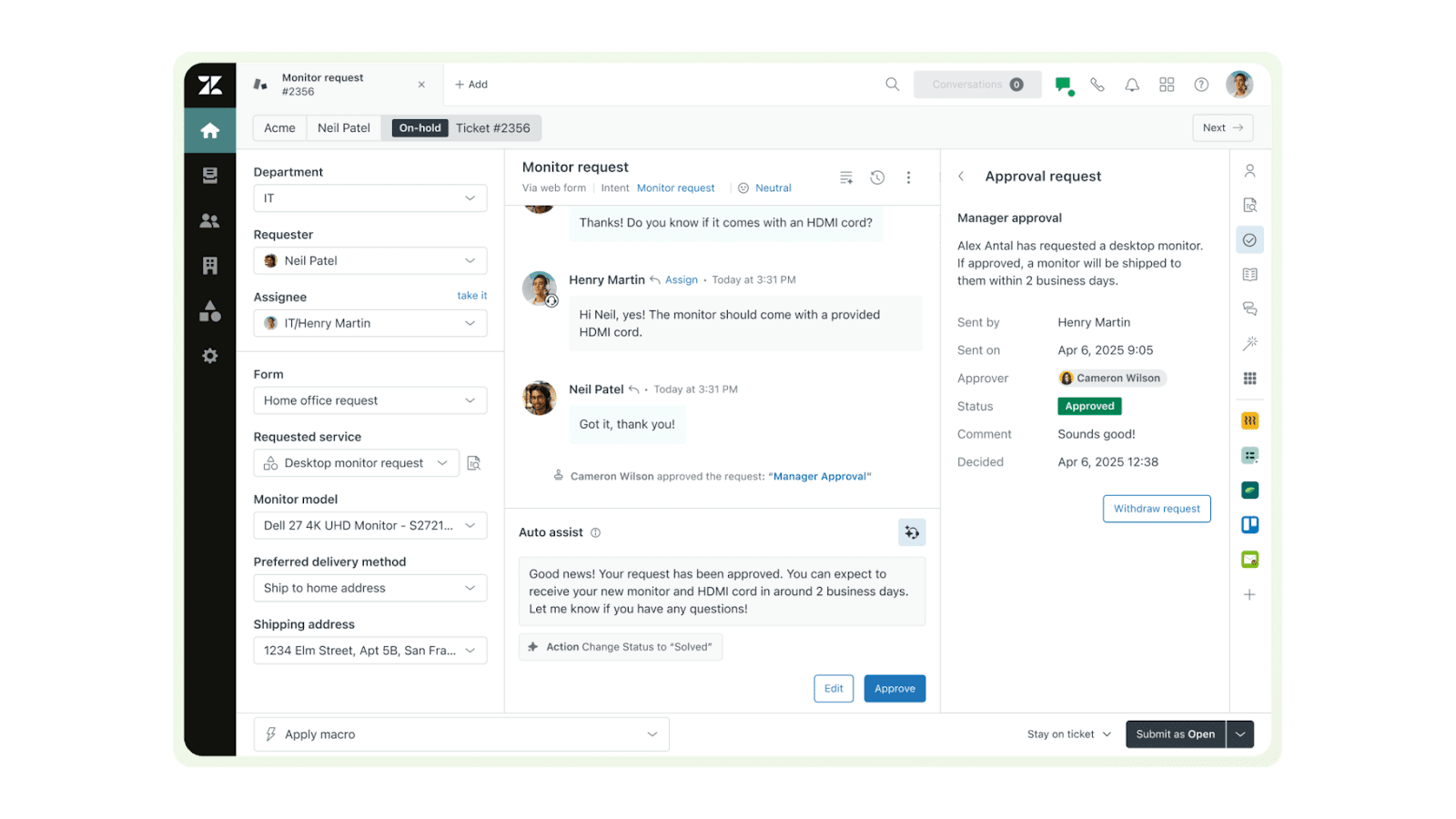 Viewing a monitor request task in Zendesk