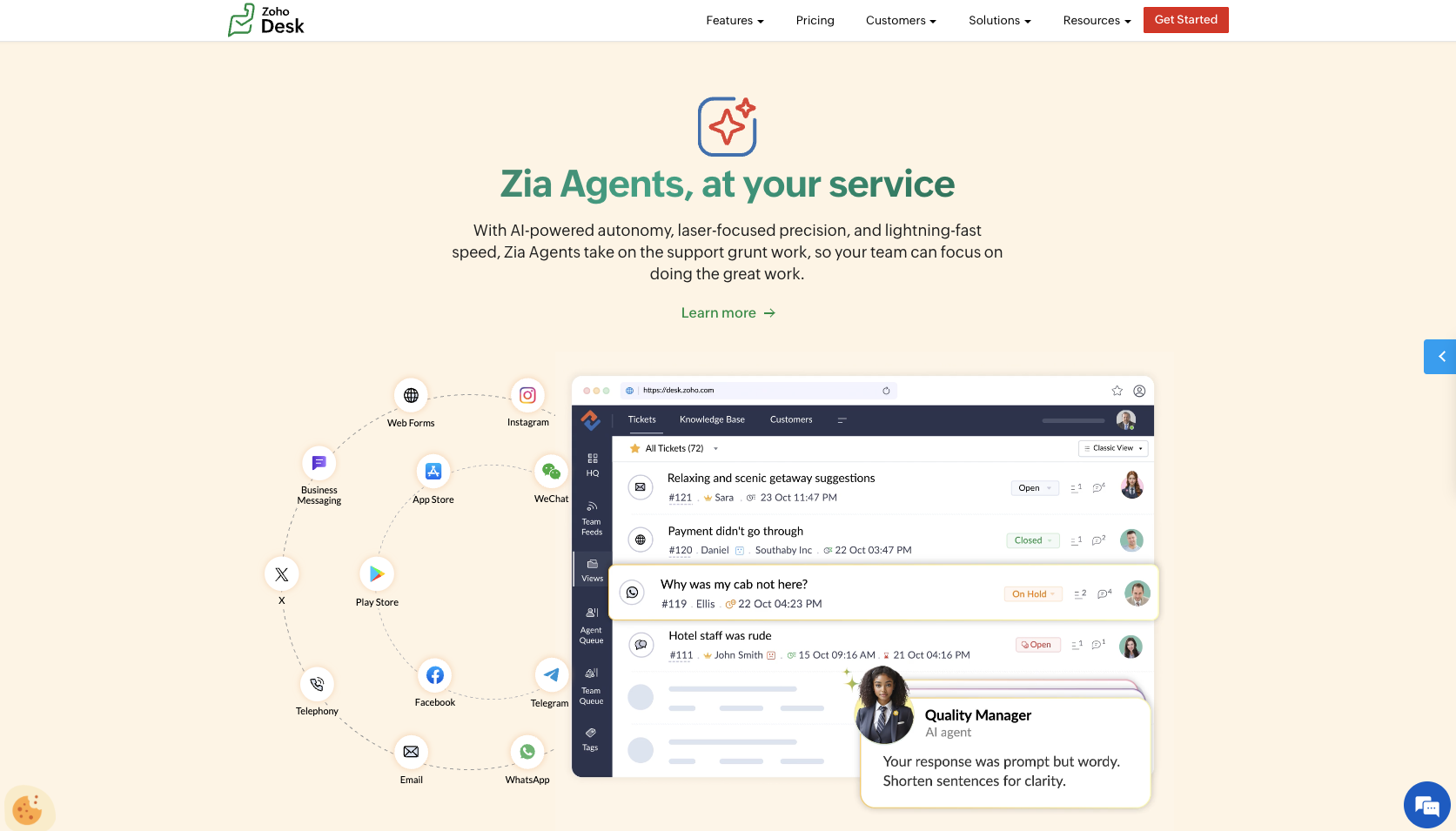 Zoho Desk Zia Agents Landing Page