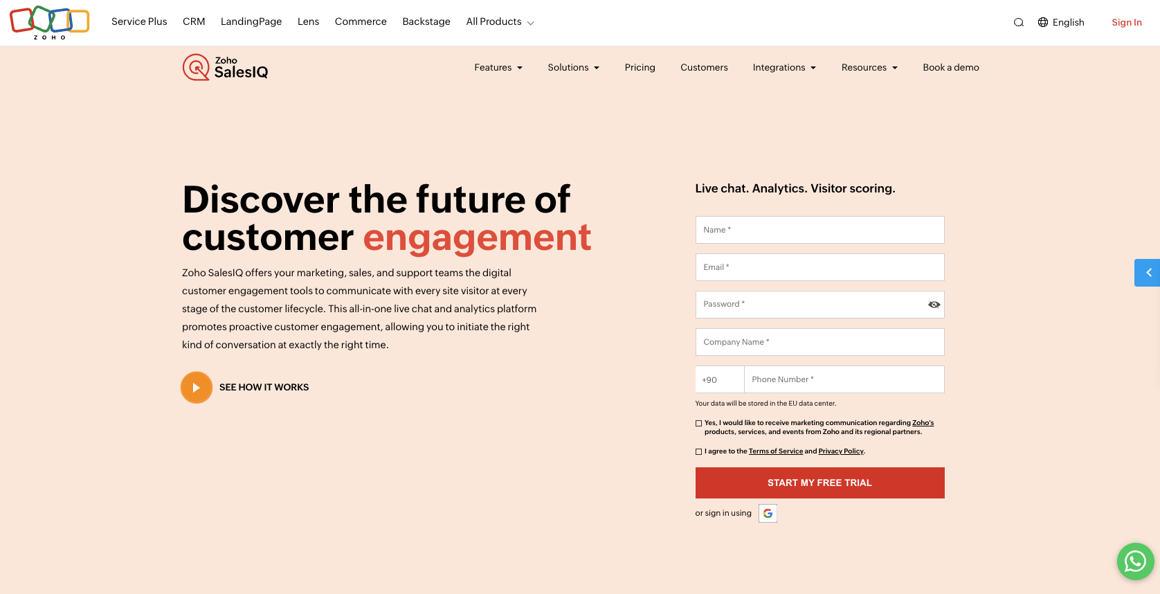Zoho SalesIQ with Zobot Landing Page