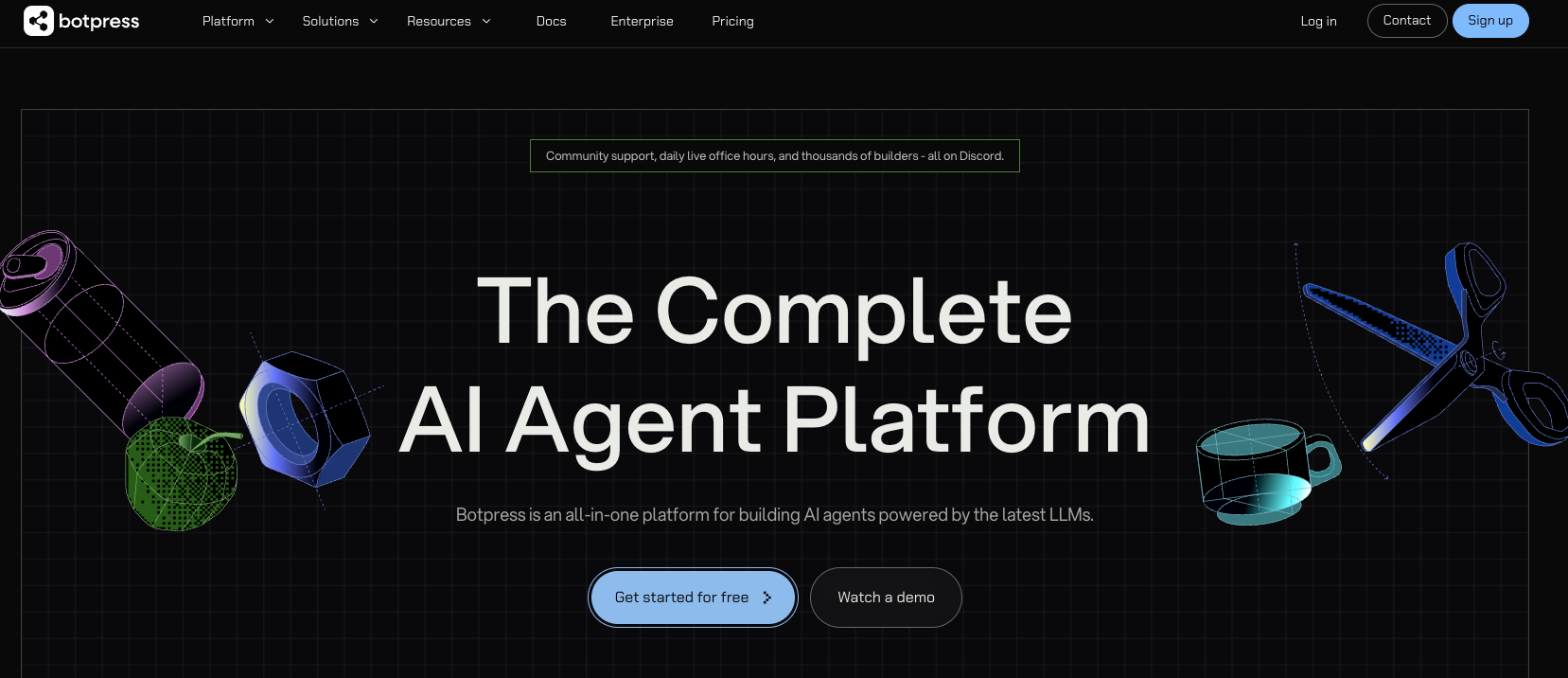 Screenshot of botpress website homepage with the words the complete AI agent platform