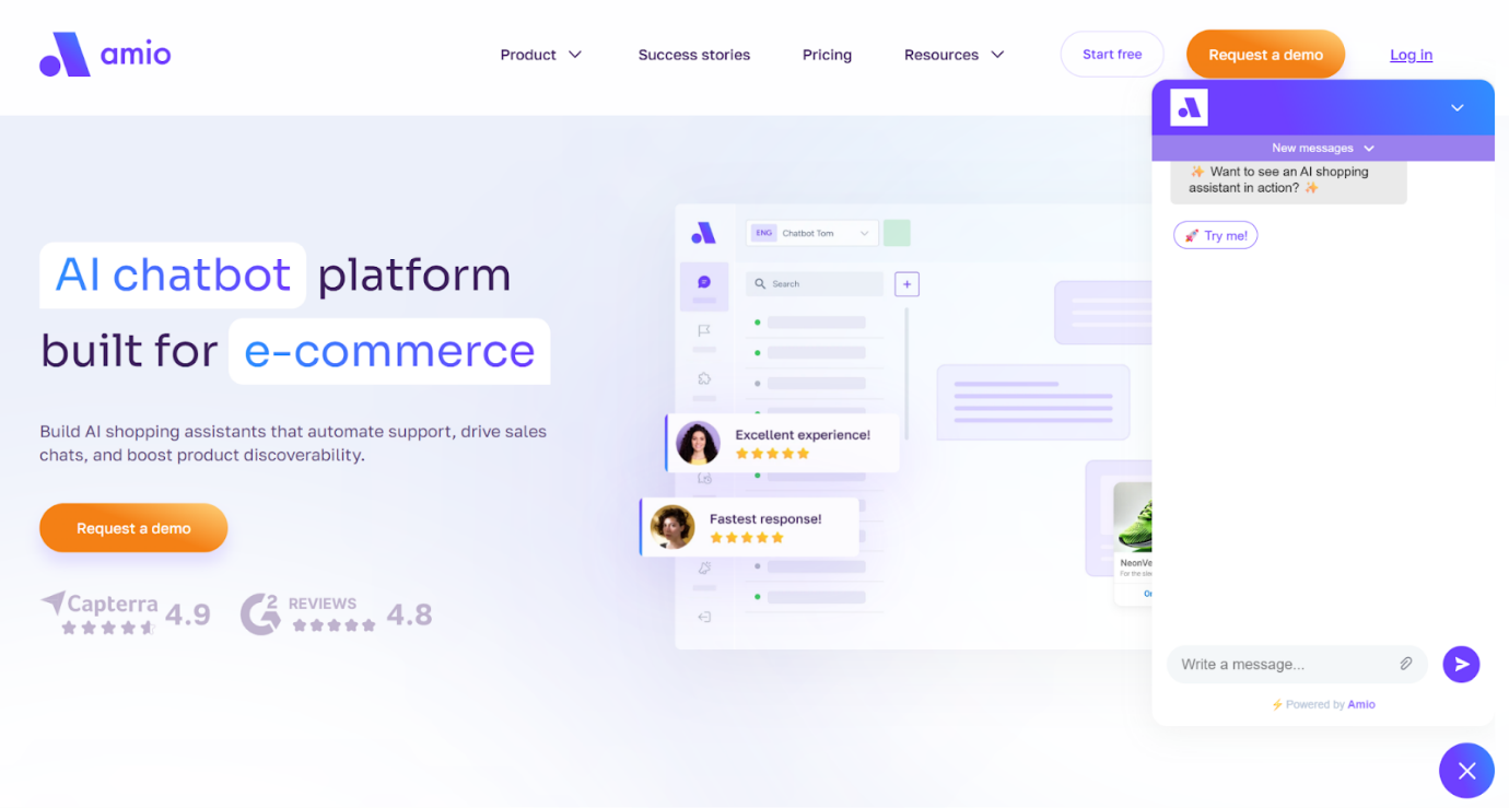 Screenshot of Amio website homepage with the words AI chatbot platform built for ecommerce