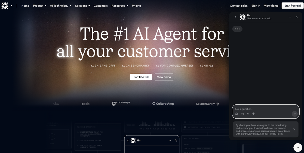 Screenshot of Intercom website homepage with the free trial chat showing