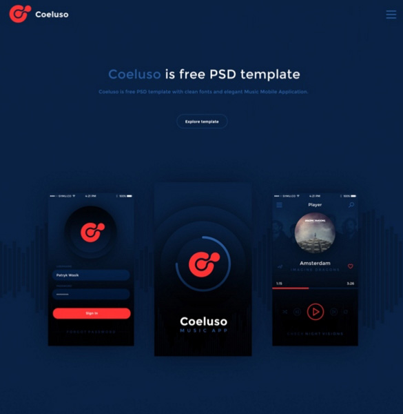 Coeluso: Music Mobile App PSD Template
