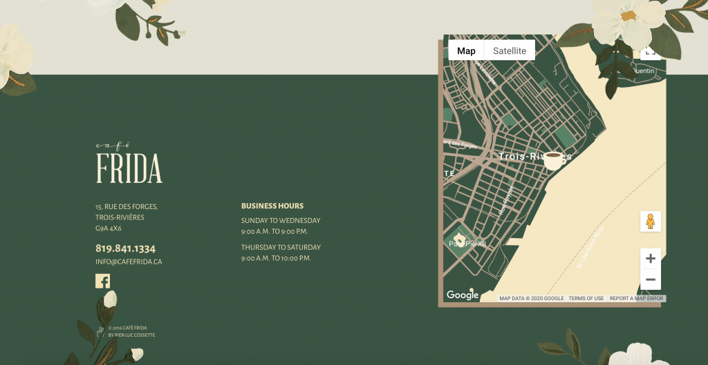 cafe website footer example with a map 