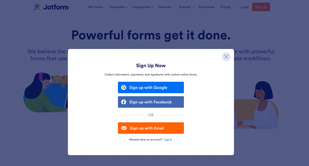 A website call to action from Jotform provides multiple ways for users to sign up, making it quick and easy.